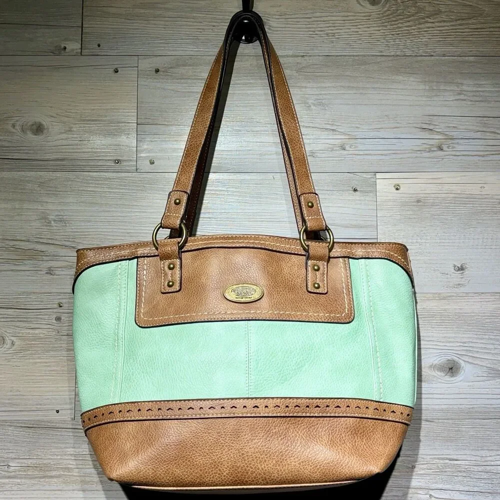 B.O.C Born Vegan Leather Vinyl Shoulder Handbag Aqua / Brown Boho Double Handle